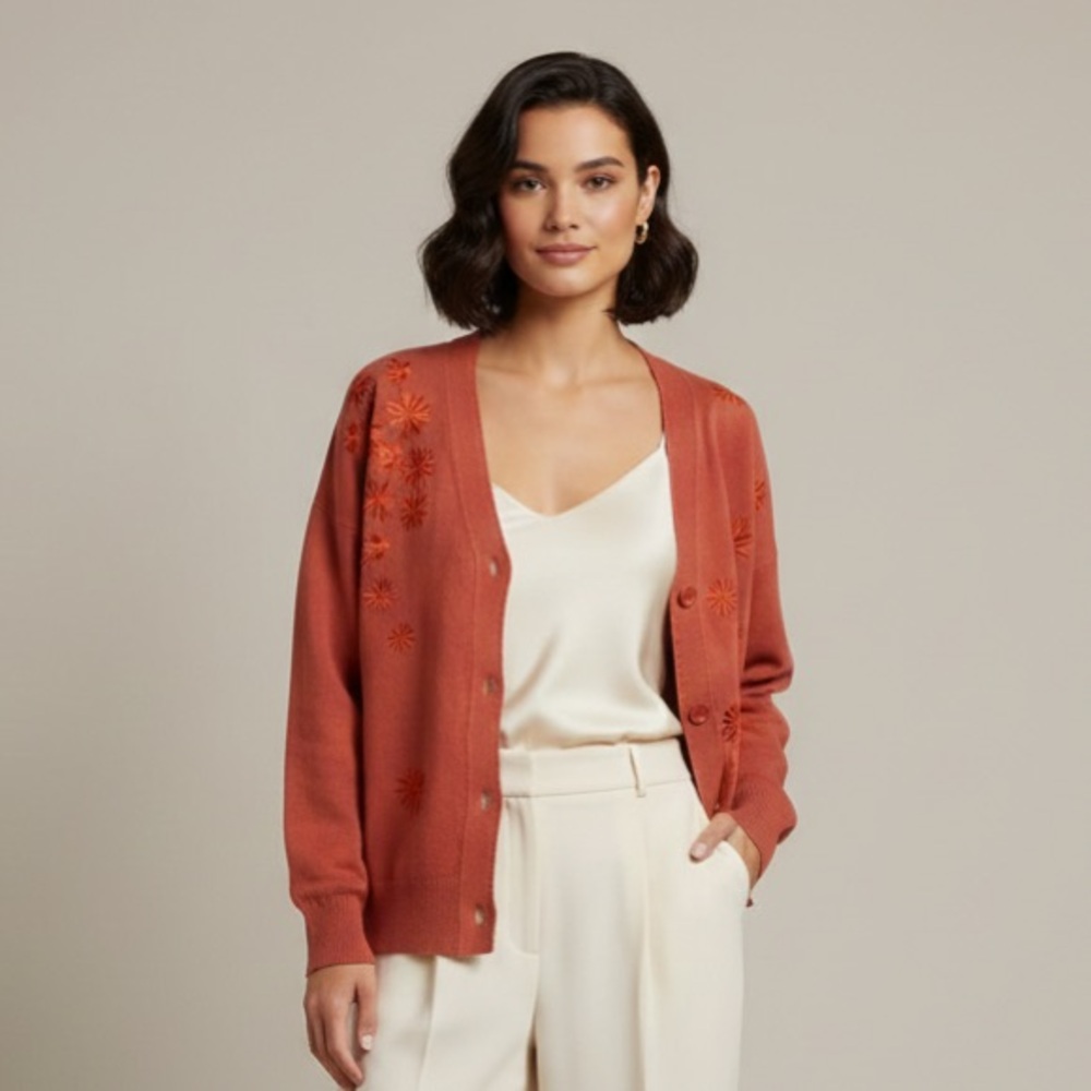 Aeda Embroidered Cardigan - Terracotta XL